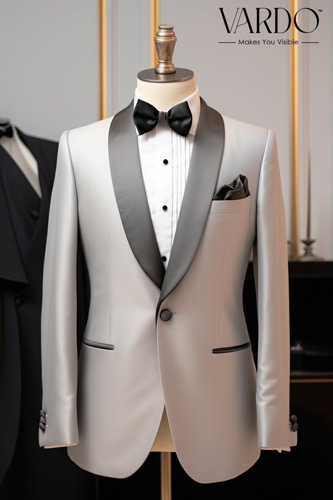 Men'S Mandarin Light Grey Tuxedo Suit - Mens Grey And Black Tuxedo Wedding - Charcoal Grey Tuxedo