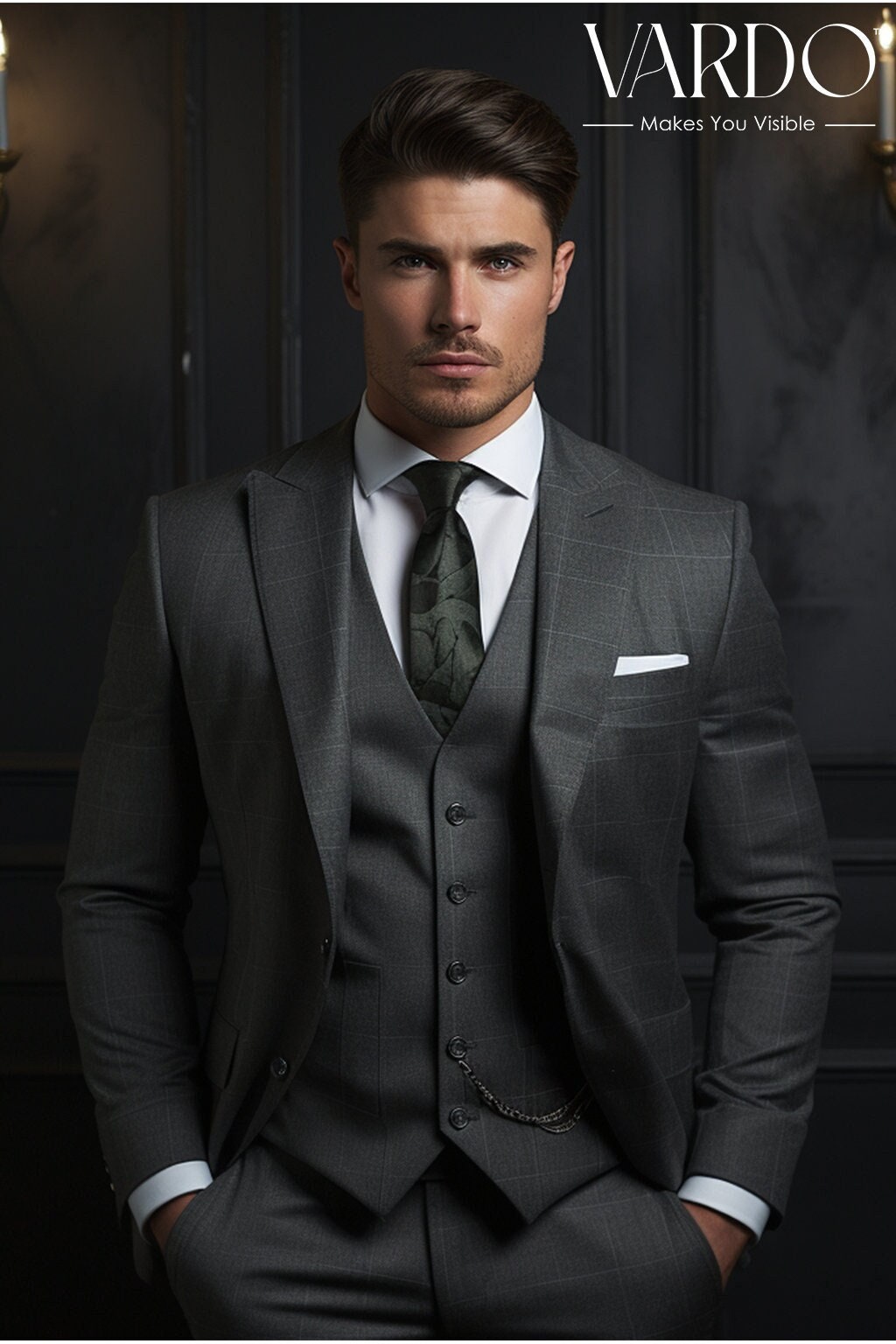 Mens 3 Piece Suit Grey Black Textured Tailored Fit Wedding Prom