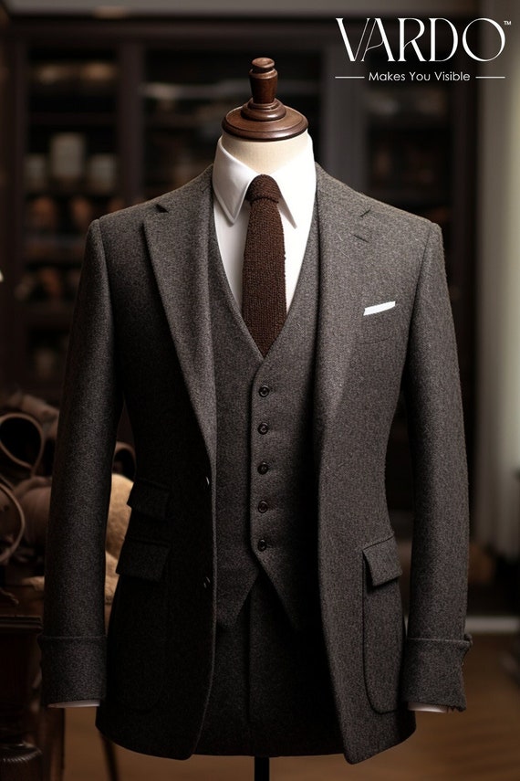 Premium Quality Elegant Dark Grey Tweed Three Piece Suit for Men Tailored  Fit, the Rising Sun Store, Vardo 