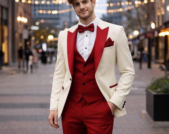Red & Ivory Wedding Tuxedo – Slim Fit Groom Suit, Prom Outfit