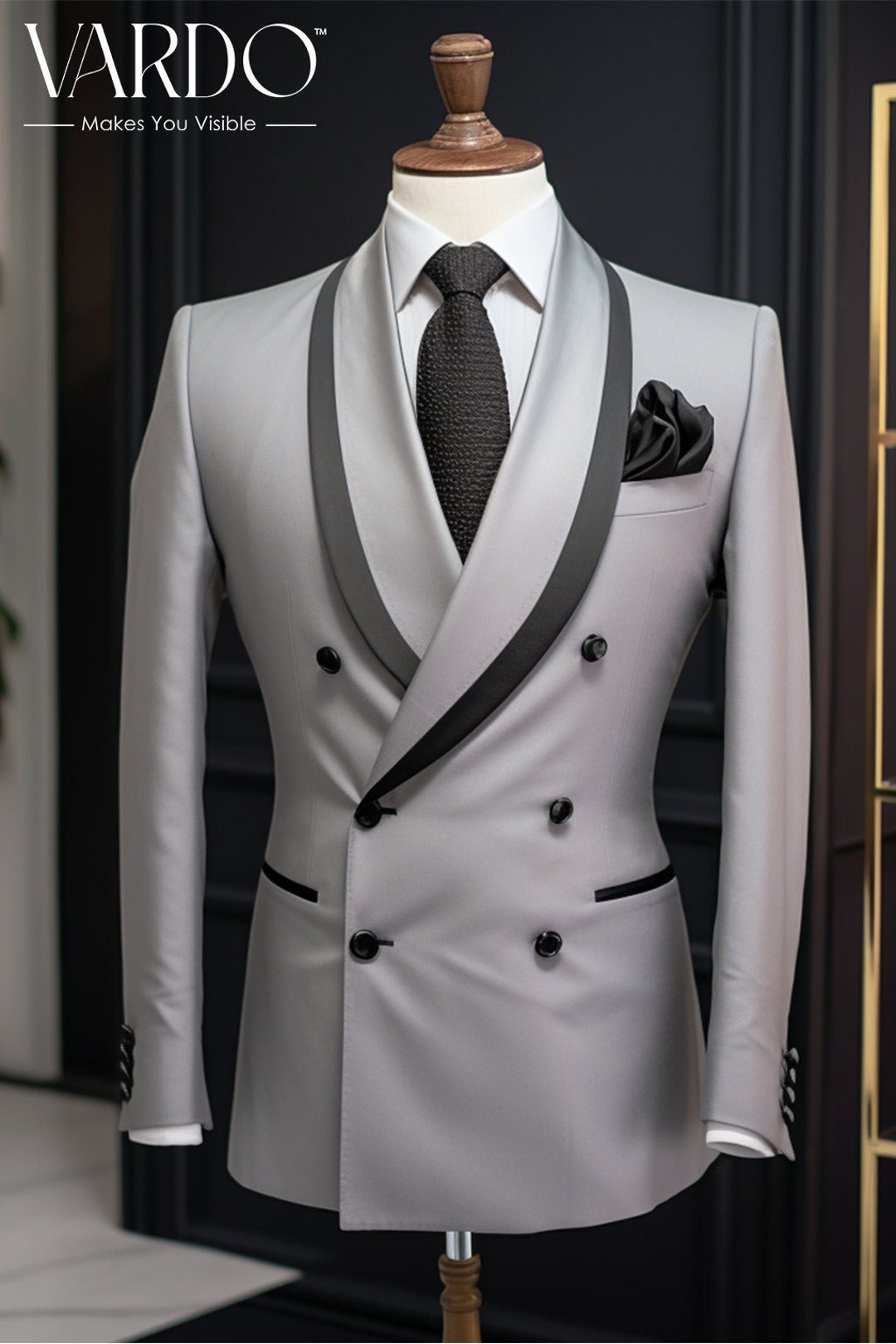 Pretty Grey Double Breasted 2 Pieces Slim Fit Solid Color Men's Suits