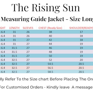 May include: A size chart for a jacket in long sizes. The chart shows measurements for size, height, length, sleeves, chest, shoulder, and neck. The measurements are in inches.