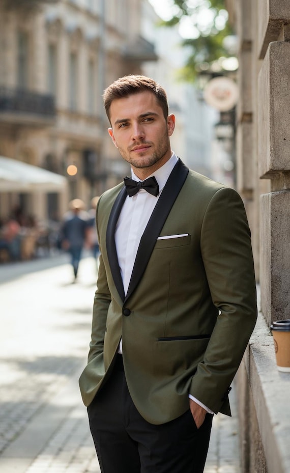 Men's Khaki Green Tuxedo with Black Pants, Modern Slim Fit Suit