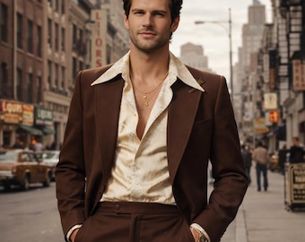 Chocolate Brown Men's Tailored Terry Rayon Suit, Retro Style