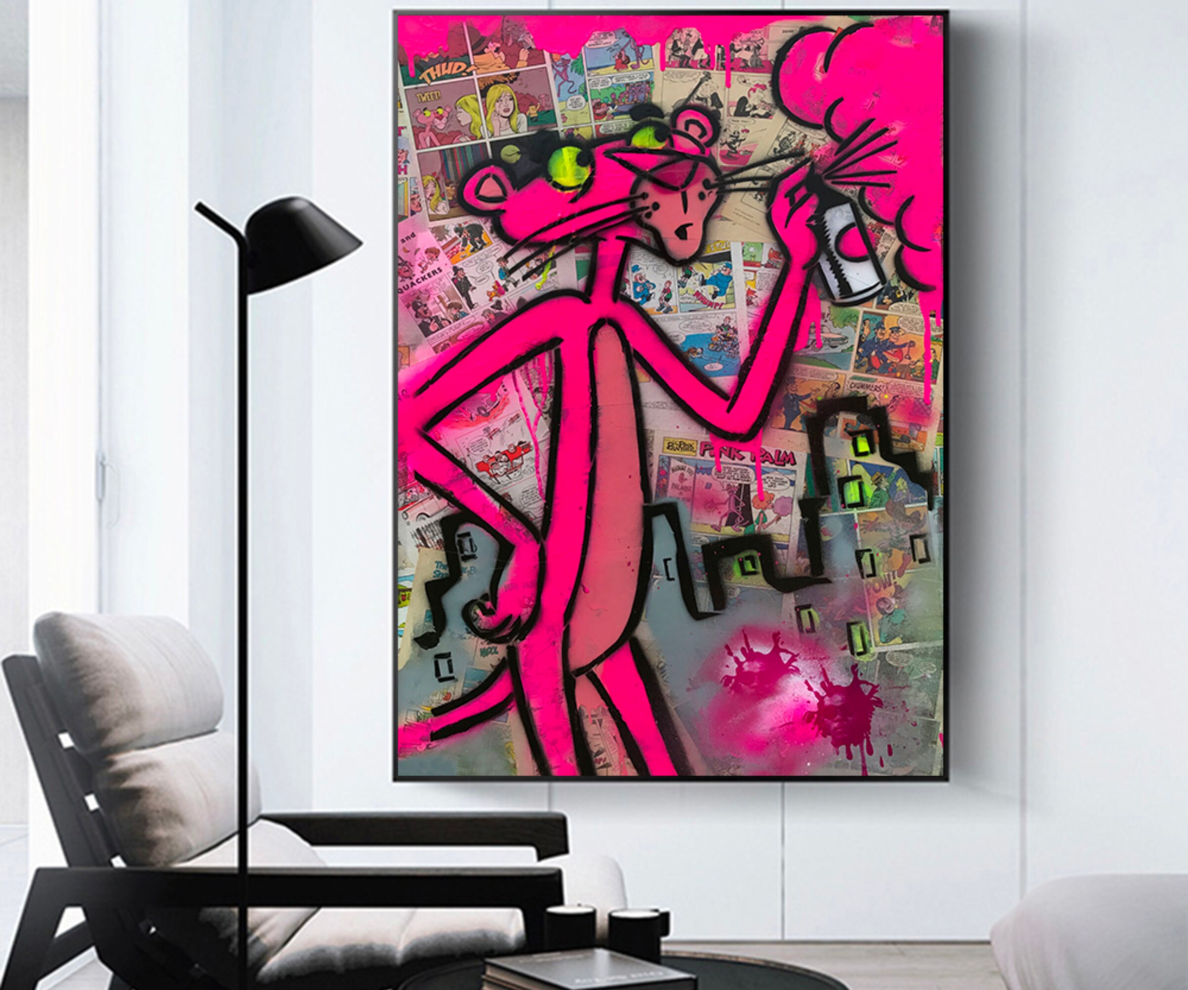 Pink Panther Graffiti, Pop Art, Modern Unique Paint , Cool Painting, Portrait, Pink Panther Gift, Co
