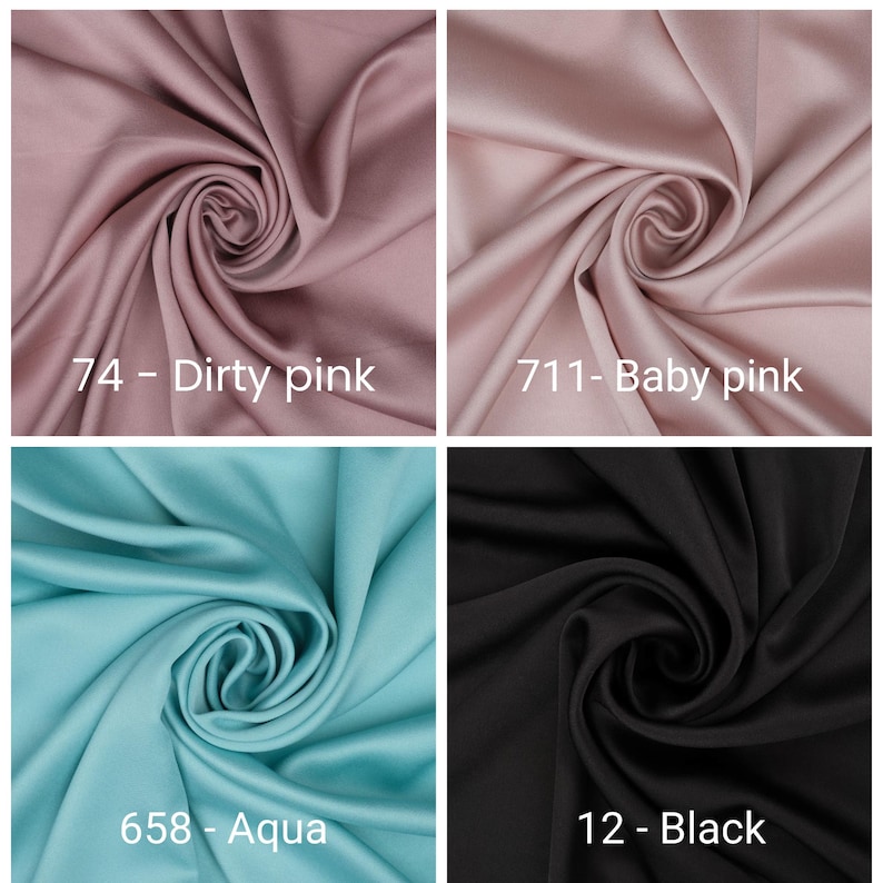 May include: Four swatches of fabric in different colors: dirty pink, baby pink, aqua, and black. Each swatch is labeled with a color name and number. The fabric is folded and swirled, showing its texture and sheen.