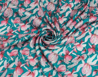 Turquoise Magnolia Silk Jacquard Fabric by the Yard, Floral 100% Natural Silk, Luxury Dress Fabric, Watercolor Print, 140 cm Wide