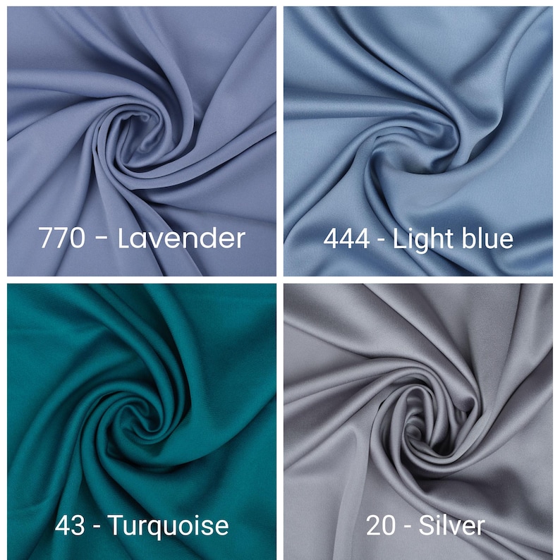 May include: Four fabric swatches in lavender, light blue, turquoise, and silver. Each swatch is swirled to show the fabric's texture and sheen. The colors are labeled with their names and numbers: 770 - Lavender, 444 - Light blue, 43 - Turquoise, and 20 - Silver.