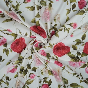 Silk Satin Fabric - Italian Exclusive Collection Flowers Print Matte - Mulberry Satin Silk With Stretch For Clothes & Craft - 55&quot; (140 cm)