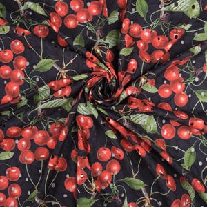 Designer Fabric Embroidery Cotton Cherry Print on Black Background Italian Fabric By the Yard