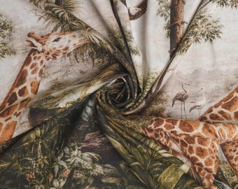 Safari Linen Viscose Fabric Panel 150x150 cm, Giraffe Jungle Print, Italian Linen Blend, Resort Fabric, Luxury Panel