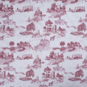 May include: A white fabric with a repeating pattern of pink line drawings of castles, trees, and unicorns. The pattern is a classic toile design.