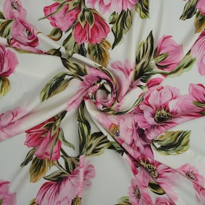 Silk Satin Fabric - Italian Exclusive Collection Flowers Print Matte - Mulberry Satin Silk With Stretch For Clothes & Craft - 55&quot; (140 cm)
