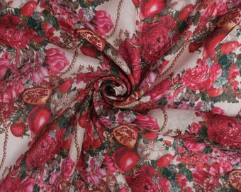Italian 100% Linen Fabric by the Yard, Red Floral Pomegranate Print, Luxury Botanical Linen, Resort Dress Fabric, 145 cm Wide