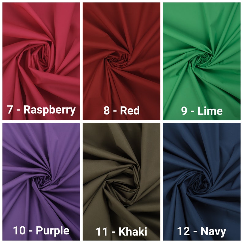 May include: Six fabric swatches in different colors: raspberry, red, lime, purple, khaki, and navy. Each swatch is folded in a spiral shape.