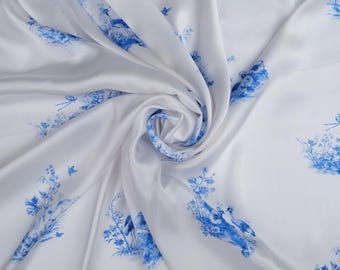 Silk Satin Fabric with Stretch by the Yard, White Blue Botanical Print, Crane Silk Fabric, Luxury Dress Fabric, 140 cm Wide