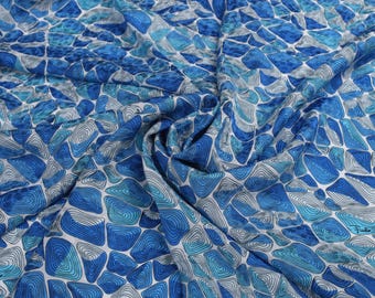 Elegant Italian Silk Fabric 100% Silk Abstract Geometric Print in Blue