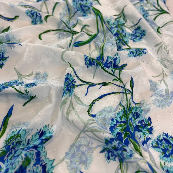 Designer Fabric Broderie Coton Fleurs bleues Imprimer Tissu italien par cour