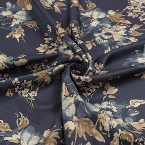 Italian Silk Fabric Twill - Designer Silk Fabric Beige Floral Print on Navy Blue - Luxury fabric Clothes & Craft - Extra Weight 44 momme