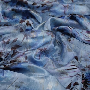 Silk Fabric Gold Thread By the Yard / Meter Blue Watercolor Flowers Original Italian Designer Fabric Jacquard For Dresses 55&quot; Wide 105 GSM