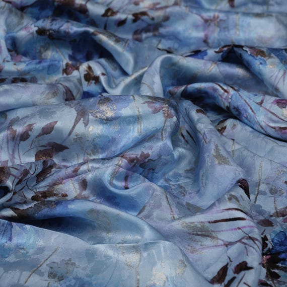 Seidenstoff Goldfaden Meterware Blau Aquarell Blumen Original