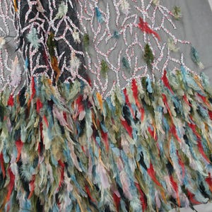 Black Tulle Fabric Embroidered With Diamonds Stones and Colorful Feathers 150 cm x 140 cm ( 59&quot; x 55.1&quot;) Italian Luxury Fabric For Dress