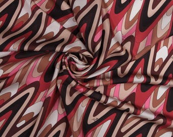 Italian Silk Twill Fabric – Retro Geometric Print in Pink, Red, Brown & Cream – Luxury Designer Silk Fabric by the Meter