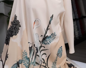 Silk Stretch Satin Fabric Panel 130x140 cm, Heron Floral Silk Panel, Luxury Italian Silk, Butterfly Print, Dress Panel