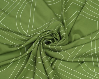 Green Silk Stretch Satin Fabric by the Yard, Matte Silk Satin, Geometric Print Fabric, Luxury Dress Fabric, Modern Silk, 140 cm Wide