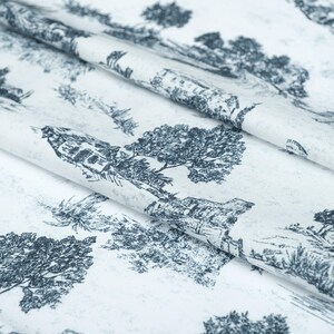 May include: White fabric with a repeating pattern of black and white sketches of trees, houses, and landscapes.