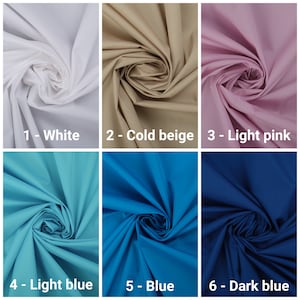 May include: Six fabric swatches in different colors: white, beige, light pink, light blue, blue, and dark blue. The fabric is folded in a swirl pattern.