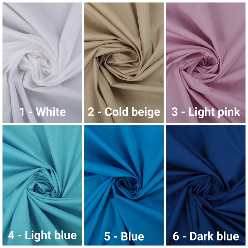 May include: Six fabric swatches in different colors: white, beige, light pink, light blue, blue, and dark blue. The fabric is folded in a swirl pattern.