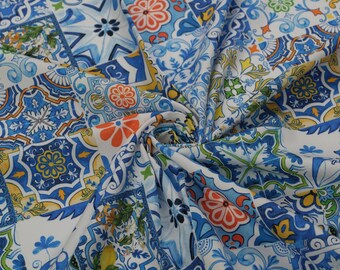Italian Stretch Cotton Poplin Fabric by the Yard Designer Fabric Exclusive Majolica Print Poplin For Clothing & Craft 57" / 145 cm Wide