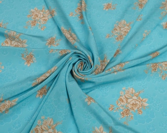 Silk Crepe Stretch Fabric – Turquoise Floral Print