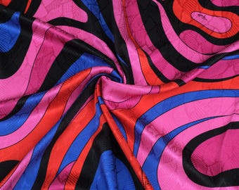 Abstract Silk Jacquard Fabric by the Yard, Pink Blue Red Silk Fabric, Fuchsia Designer Silk, 100% Natural Silk, 140 cm Wide