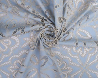 Blue Cotton Eyelet Fabric by the Yard, Broderie Anglaise Cotton, Embroidered Cotton Fabric, Floral Cutwork Fabric, Summer Dress Fabric
