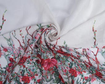Italian 100% Linen Fabric by the Yard, Red Floral Linen Fabric, Botanical Border Print, Summer Dress Fabric, 145 cm Wide