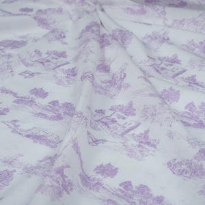 May include: White fabric with a repeating pattern of purple, hand-drawn images of trees, houses, and landscapes.