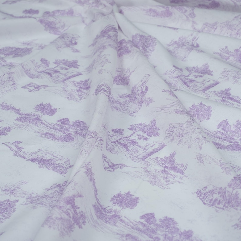 May include: White fabric with a repeating pattern of purple, hand-drawn images of trees, houses, and landscapes.