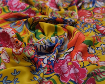 Fabric SILK Satin Charmeuse By the yard, Colorful Floral Print Silk, Italian Fabric Mulberry Silk 95 GSM, High Quality Italian Silk