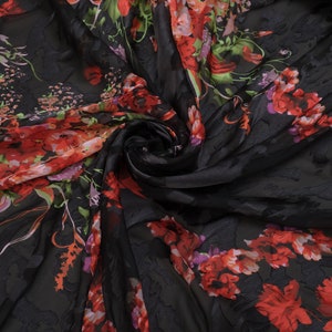 Italian Fabric SILK Chiffon Devore Red Poppies 65 GSM / Italy High Quality Silk by the Yard / Fabrics devore silk by the yard