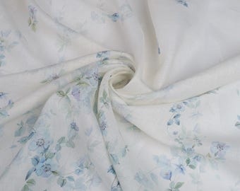 Italian 100% Linen Fabric by the Yard, Blue Floral Bird Print Linen, Botanical Linen Fabric, Cottagecore Dress Fabric, 145 cm Wide
