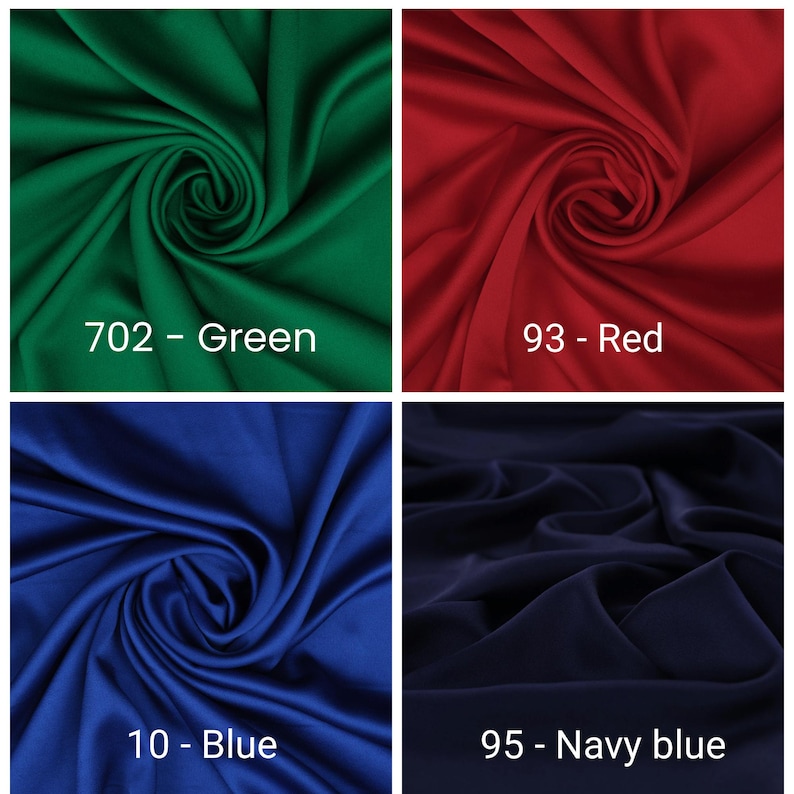 May include: Four fabric swatches in vibrant colors: green, red, blue, and navy blue. Each swatch is labeled with a color name and number. The fabric appears to be a smooth, flowing material, with visible folds and textures.