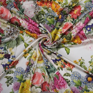 Silk Fabric by the Yard Fashion Fabric Satin Stretch Designer Italian Fabric Flowers Print 105 GSM 55&#39;&#39; Wide High Quality Italian Silk