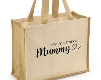 Personalised Mummy Heart Jute Bag, Mothers Day Gift for Best Mum Ever, Mama Birthday Present, Shopping Bag for Mom, New Mama Custom Gift