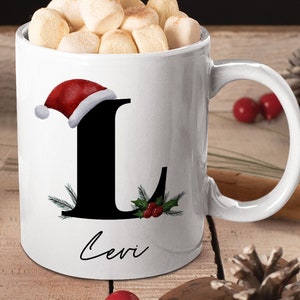 Personalised Initial Christmas Mug with Santa Hat, Family Mugs for Christmas Eve, Hot Chocolate Station