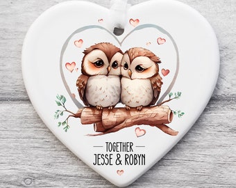 Romantic Heart Ornament with Cute Owls Couple | Personalised Hanging Keepsake | Gift for Loved One | Sentimental Ceramic Bauble Present