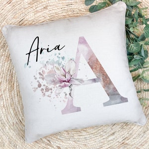 Personalised Initial and Name Cushion | Floral Design | Birthday or Christmas Gift for Her | Girl's Present | Nursery or Bedroom Decoration