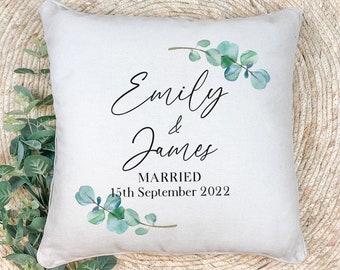 Personalised Just Married Wedding Cushion, Anniversary Gift for Couple, Newlywed Present from Family or Friend, Linen Pillow Case