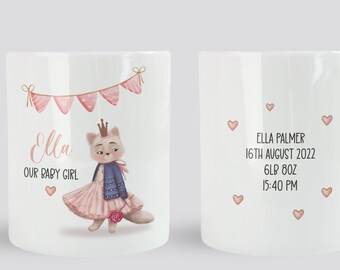 Personalised Baby Girl Money Box with Cute Cat, Baby Stats, Birth Details, First Birthday Present, Newborn Christening Gift, Piggy Bank